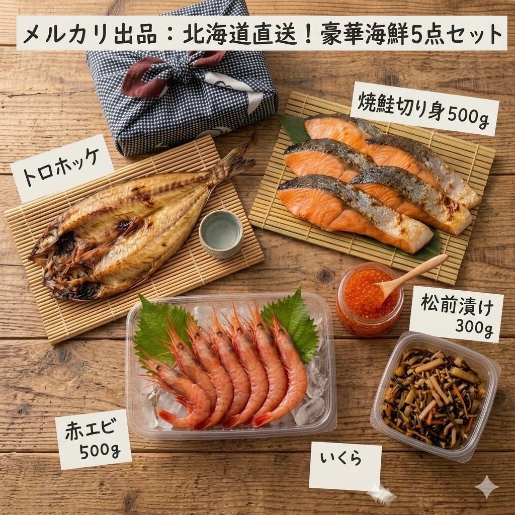 北海道直送 豪華海鮮5点セット　【赤エビ500ｇ　紅鮭半身500ｇ　松前漬け300ｇ　トロホッケ420ｇ前後　いくら150ｇ】エビ　赤エビ　紅鮭　鮭　シャケ　鮭半身　サケ　松前　松前漬け　数の子松前　　トロ　ホッケ　脂　特大　いくら　醤油漬け　魚卵