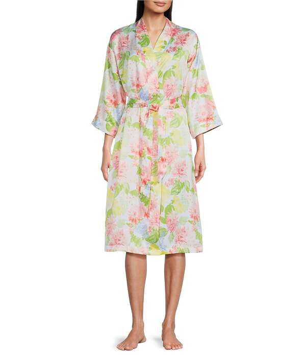 カベルネ レディース アンダーウェア ナイトウェア フラワー柄 プリント サテン フラワー Cabernet Woven Satin Floral Print Shawl Collar 34 Kimono Sleeve Tie Waist Short Robe