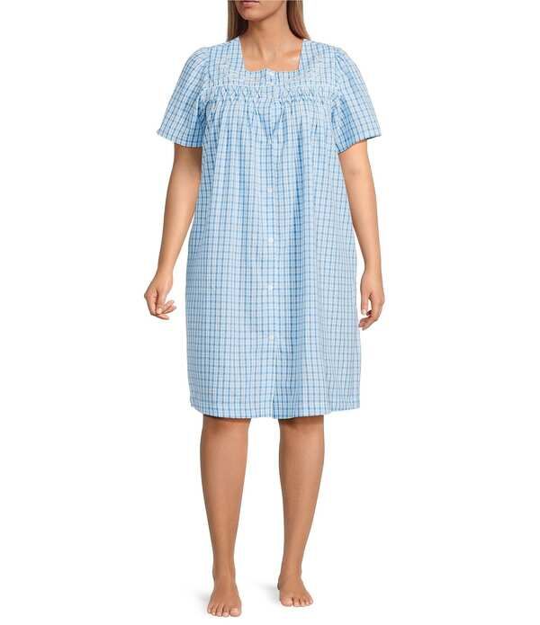 ミス エレーン レディース アンダーウェア ナイトウェア プラスサイズ プリント Miss Elaine Plusize Seersucker Check Print Short Sleeve Square Neck Short SnapFront Robe