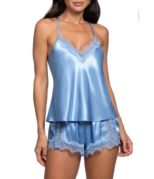 インブルーム レディース アンダーウェア ナイトウェア Vネック サテン ノースリーブ レース In Bloom By Jonquil Solid Sleeveless VNeck Satin Lace Shorty Pajama Set Cornflower