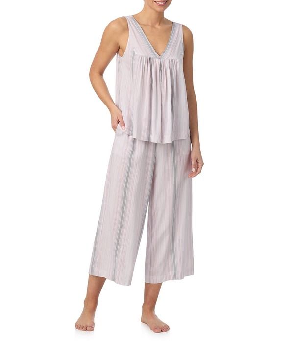 ダナキャラン レディース アンダーウェア ナイトウェア Vネック プリント ノースリーブ キャップ Donna Karan DKNY Stripe Print Sleeveless V Neck Woven Capri Pajama Set Multi Str