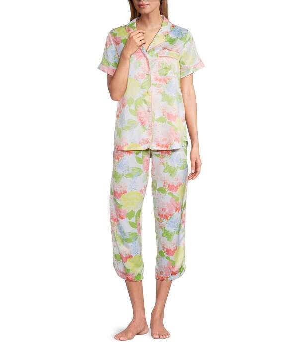 カベルネ レディース アンダーウェア ナイトウェア フラワー柄 プリント サテン フラワー Cabernet Satin Floral Print Short Sleeve Notch Collar Pant Pajama Set Big Floral