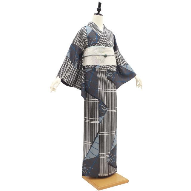 中古】 小紋 着物 袷 リサイクル 正絹 作家物 濃グレー 格子 葉 手染め