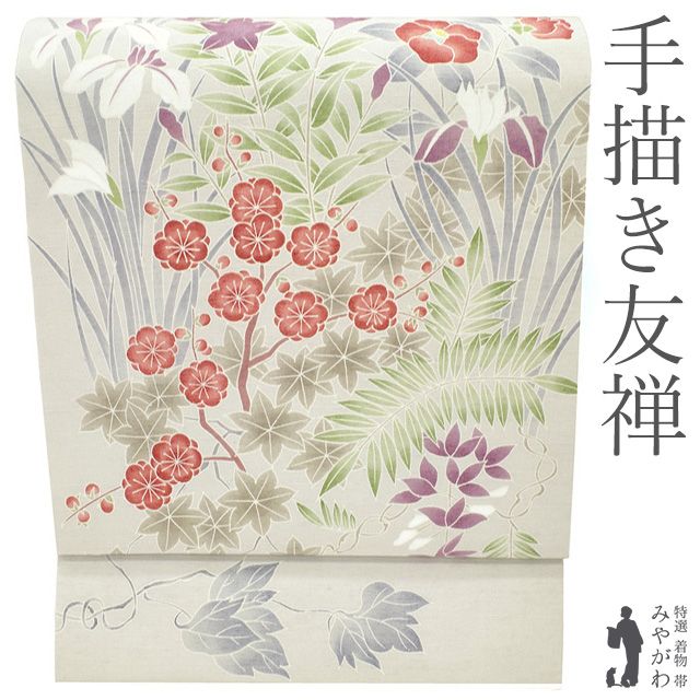新古品】名古屋帯 手描き友禅 未使用 紬 ライトグレー 梅 椿 藤 楓