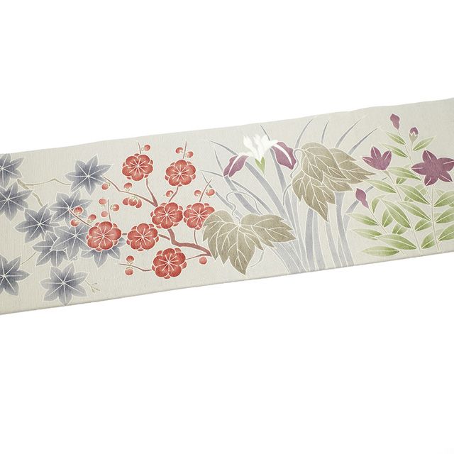 新古品】名古屋帯 手描き友禅 未使用 紬 ライトグレー 梅 椿 藤 楓