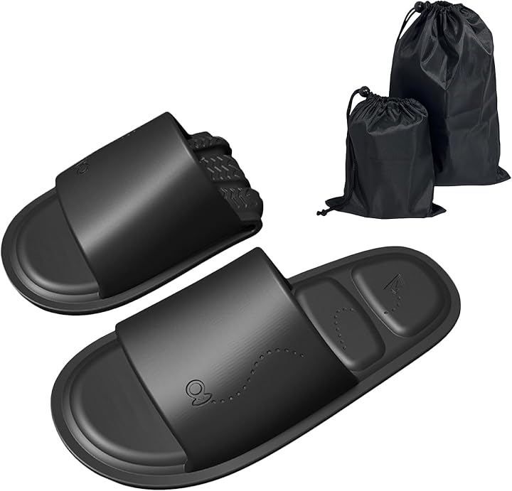 Smile Shop Portable Slippers, Foldable Sandals, Travel Cabin Interior, Narrow, Slim, Waterproof, Lightweight, EVA with Storage Bag (Black, 25.5 cm D)
