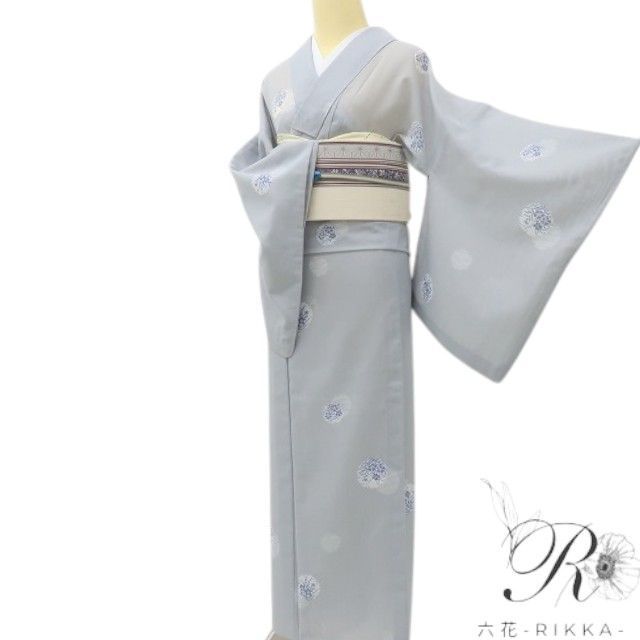 小紋　フルセット　洗える着物　青　白花　トールサイズ　R6 六花-RIKKA- 美品 洗える夏着物 トールサイズ 絽❀雪輪に花咲く、夏の