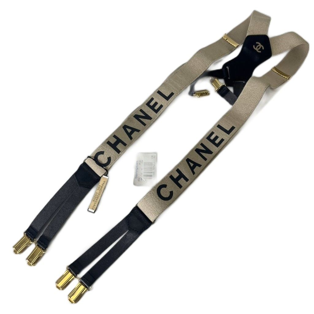 シャネル CHANEL サスペンダー ココマーク ベルト キャンバス レザー アーカイブ ヴィンテージ レディース ベージュ ブラック ☆AA★