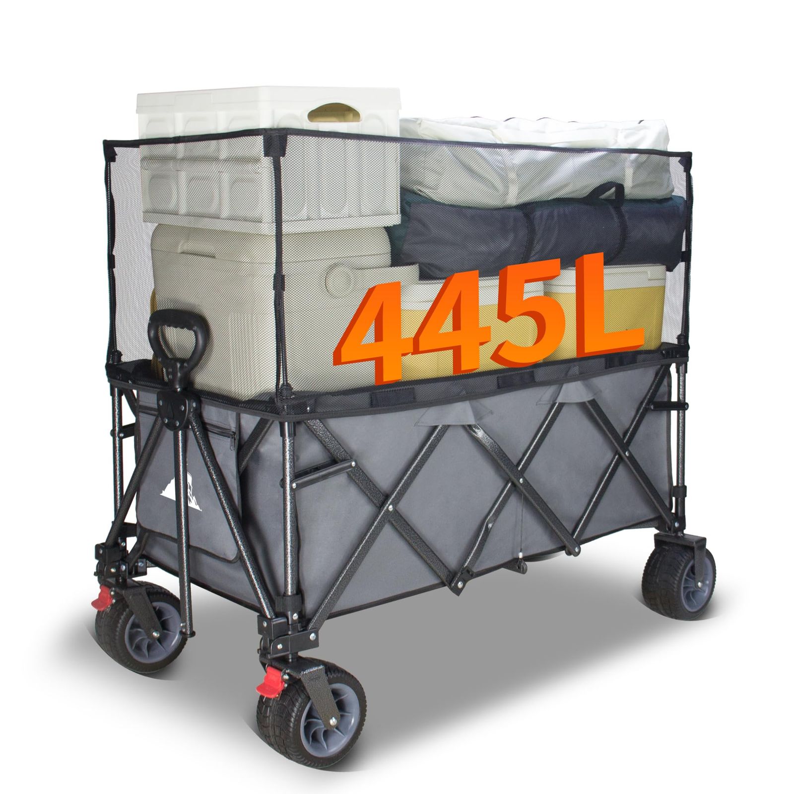 TOPWELL キャリーワゴン 特大容量445L 高耐荷重200kg 【荷室の長さ103cm】 長物対応 【幅10cmのベアリング内蔵極太タイヤ】 ブレーキ付き 深型 ワンタッチ収束型 自立収納 アウトドアワゴン キャンプ・釣り・運動会 キャンプカート (グレ