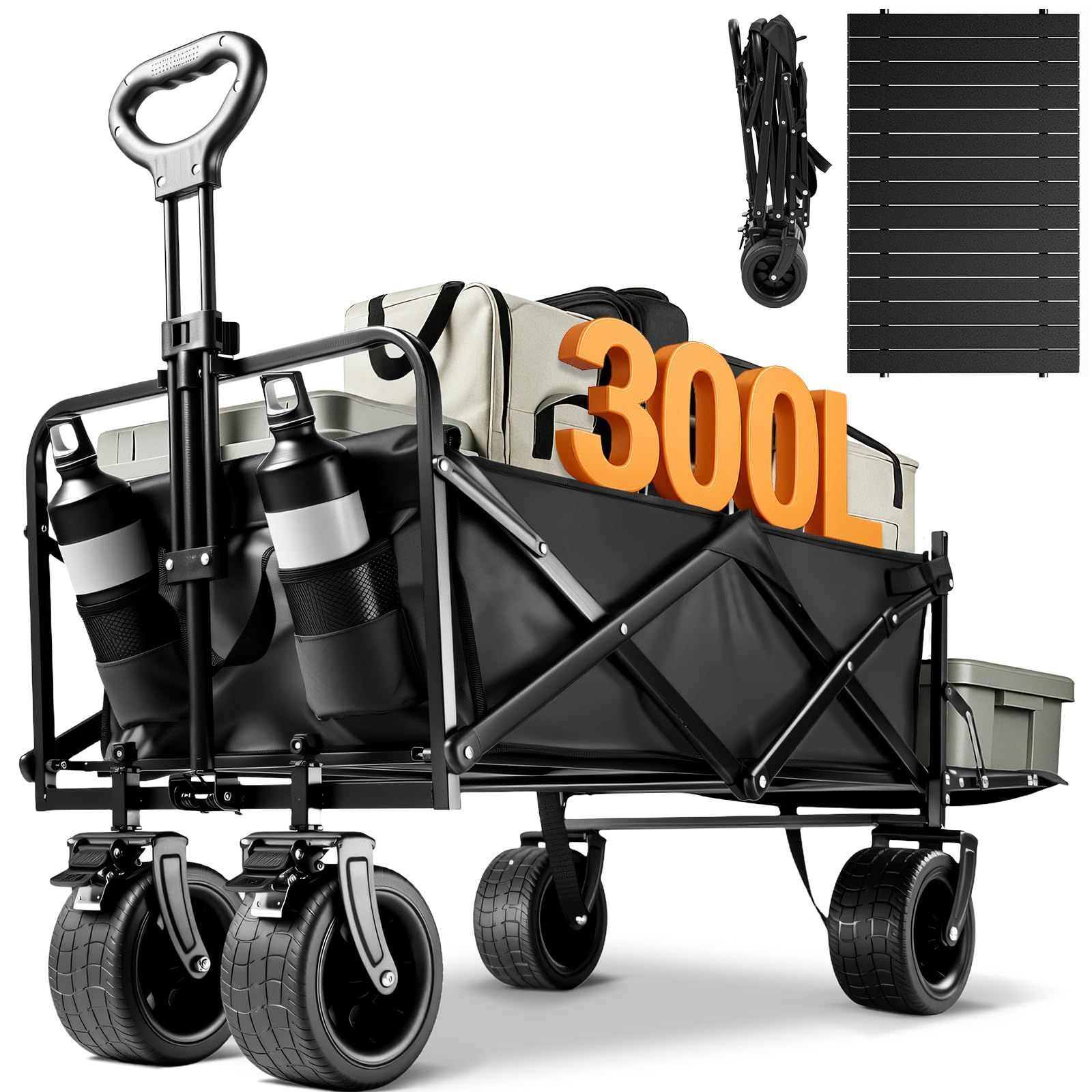 Aasnsn キャリーワゴン 【300L大容量 耐荷重250kg 長物対応 後部展開可】 キャリーカート テーブル付き ボトルポケット付き アウトドアワゴン キャンプ 折りたたみ ワンタッチ収束式 軽量 静音 キャンプ・引越し・BBQ・買い物・釣り・ゴミ出し・