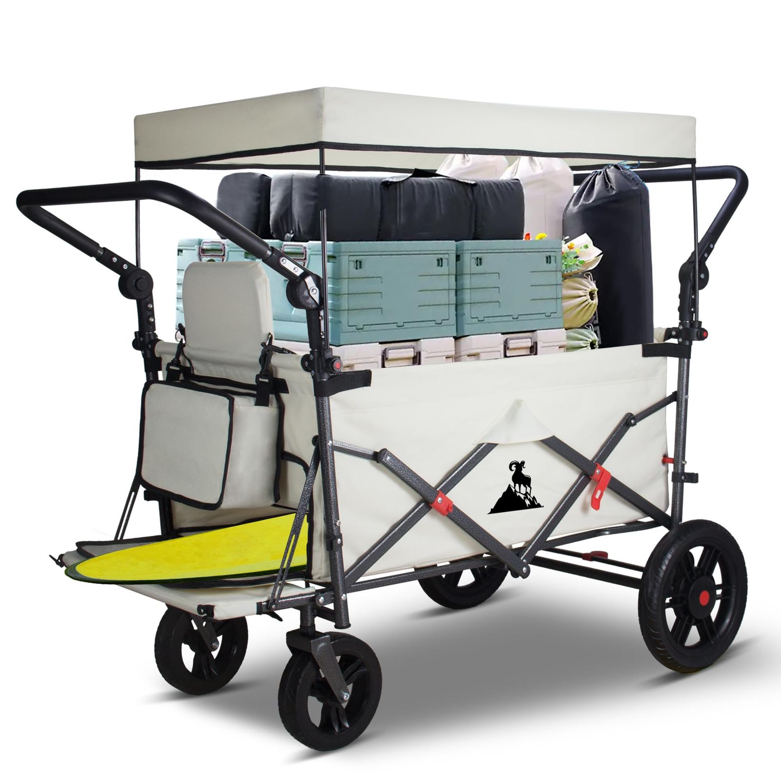 Topwell キャリー ワゴン屋根付 アウトドアワゴン ダブルプッシュハンドル シートとシートベルト付き大容量150L 耐荷重120 kg 片側荷室開閉可能で長物対応 ストッパー付き アウトドア カート ワゴン アウトドアキャンプ、家族旅行やバーベキュー、重