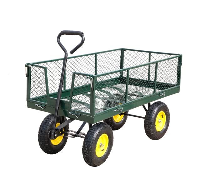 QD-WST カゴ付き台車 スチールメッシュカート ガーデンカート キャンプカート リアカー 牽引台車 園芸 一体化ハンドル 防水防塵加工 取り外せるスチールメッシュ アウトドア ガーデニング 畑作業 工場 商店街 ビーチ ピクニック 120X60X28CM