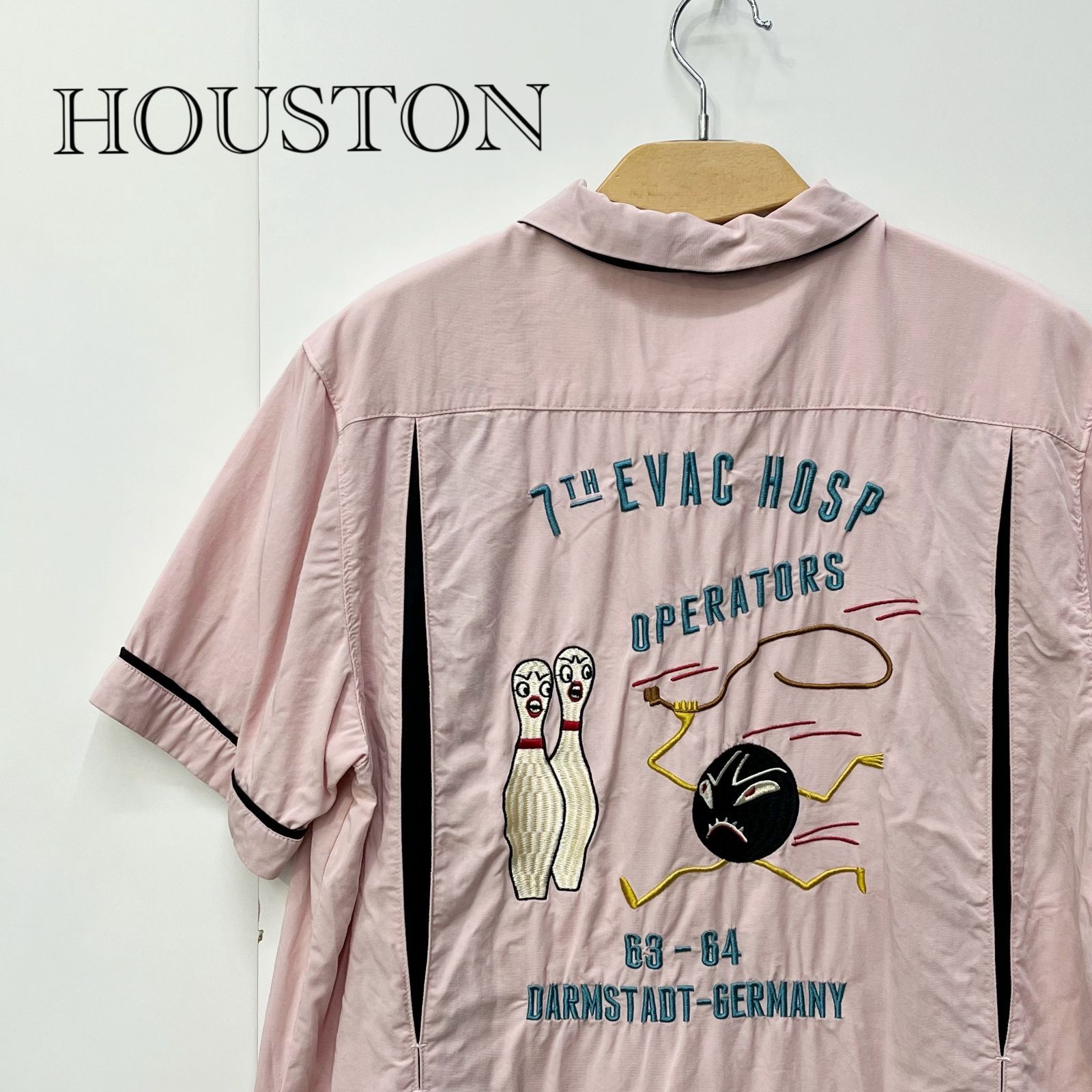 HOUSTON ヒューストン 刺繍 ボーリング シャツ XL ピンク 半袖 薄手 HOUSTON ヒューストン 刺繍 ボーリング シャツ XL ピンク 半袖 薄手