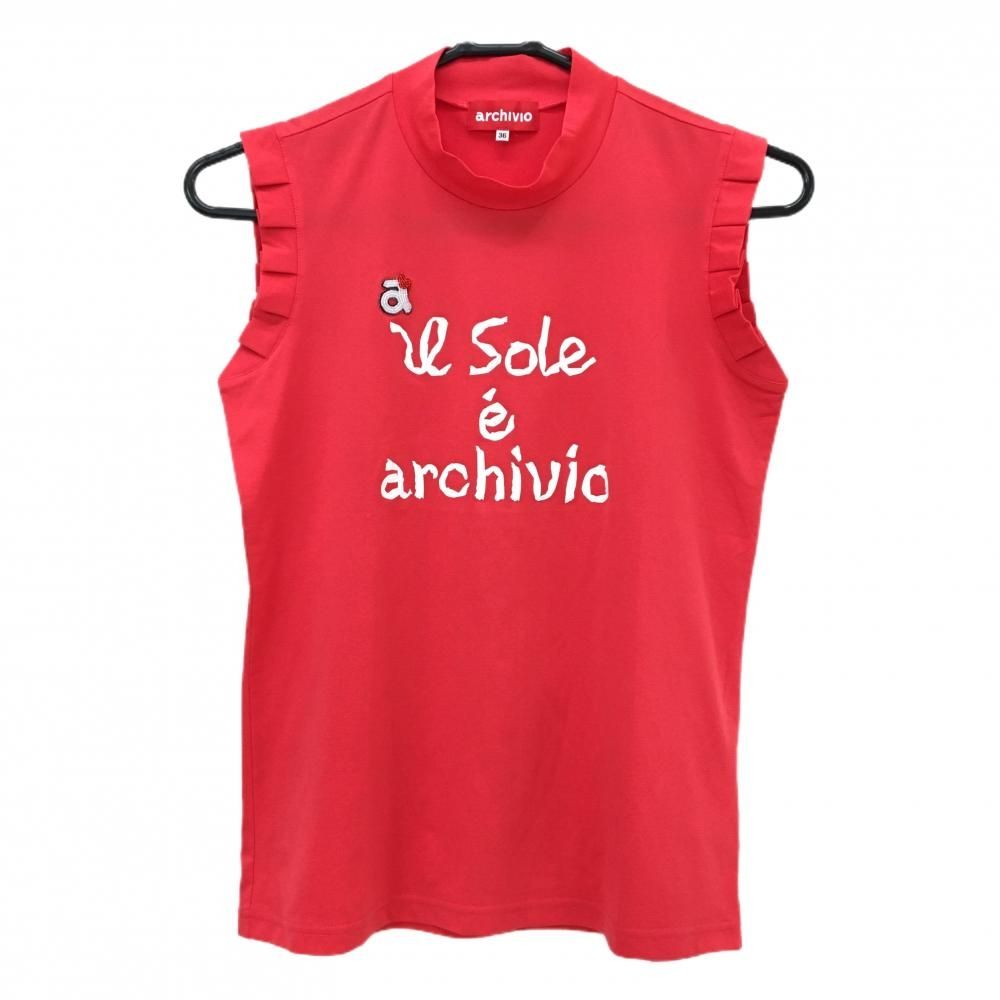 【超美品】アルチビオ ノースリーブハイネックシャツ レッド ロゴ白 ストレッチ  レディース 36(S) ゴルフウェア archivio ゴルフ 【超美品】アルチビオ ノースリーブハイネックシャツ レッド