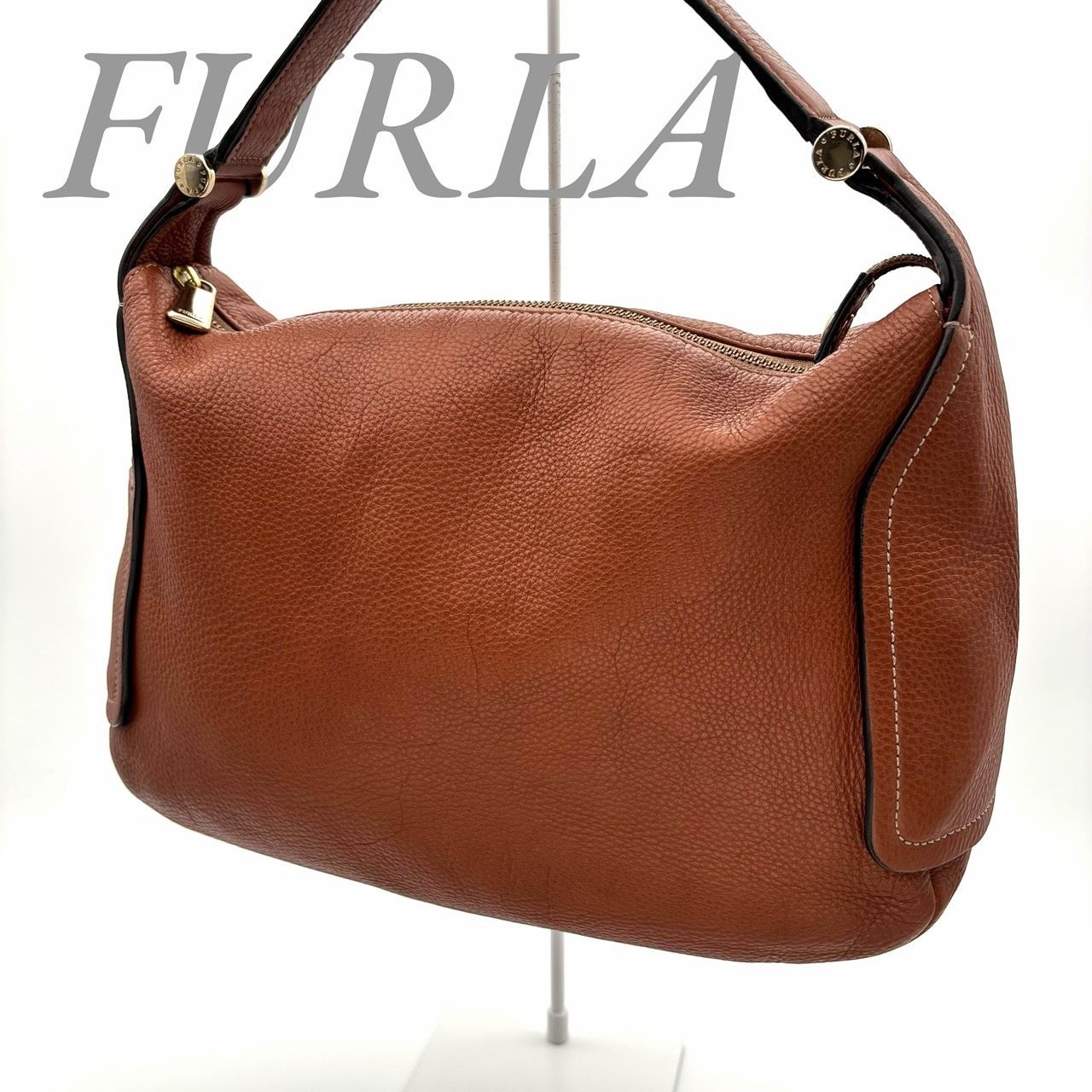 【B5536】 FURLA フルラ ワンショルダーバッグ ハンドバッグ ブラウン レザー シボ革 ファスナーポケット ホーボー レディース