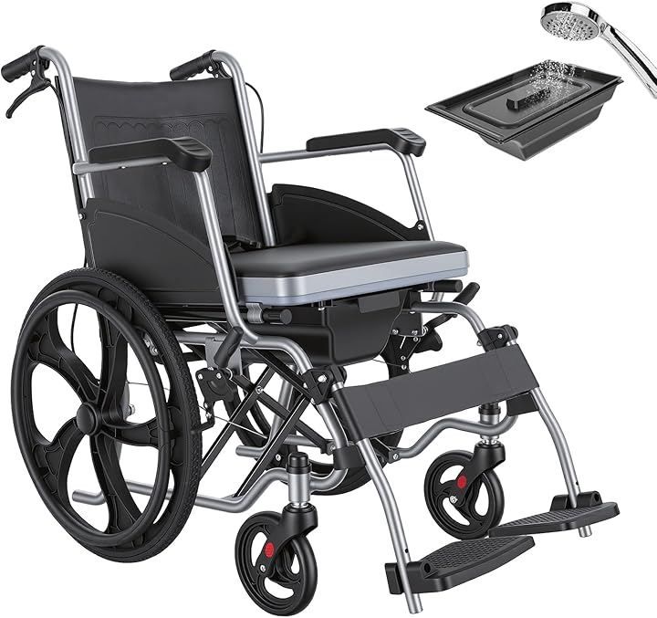 HAIBOO 車椅子 3in1入浴用車椅子 防水シャワー浴室用車椅子 便器付き 自走式車椅子 Ｕ型座面 フットペダル高さ調節 折りたたみ式 組立簡単 アルミ合金製 (グレー)