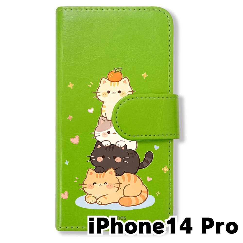 新品未使用】 iPhone14 Pro 手帳型スマホ ケース (色：グリーン×猫