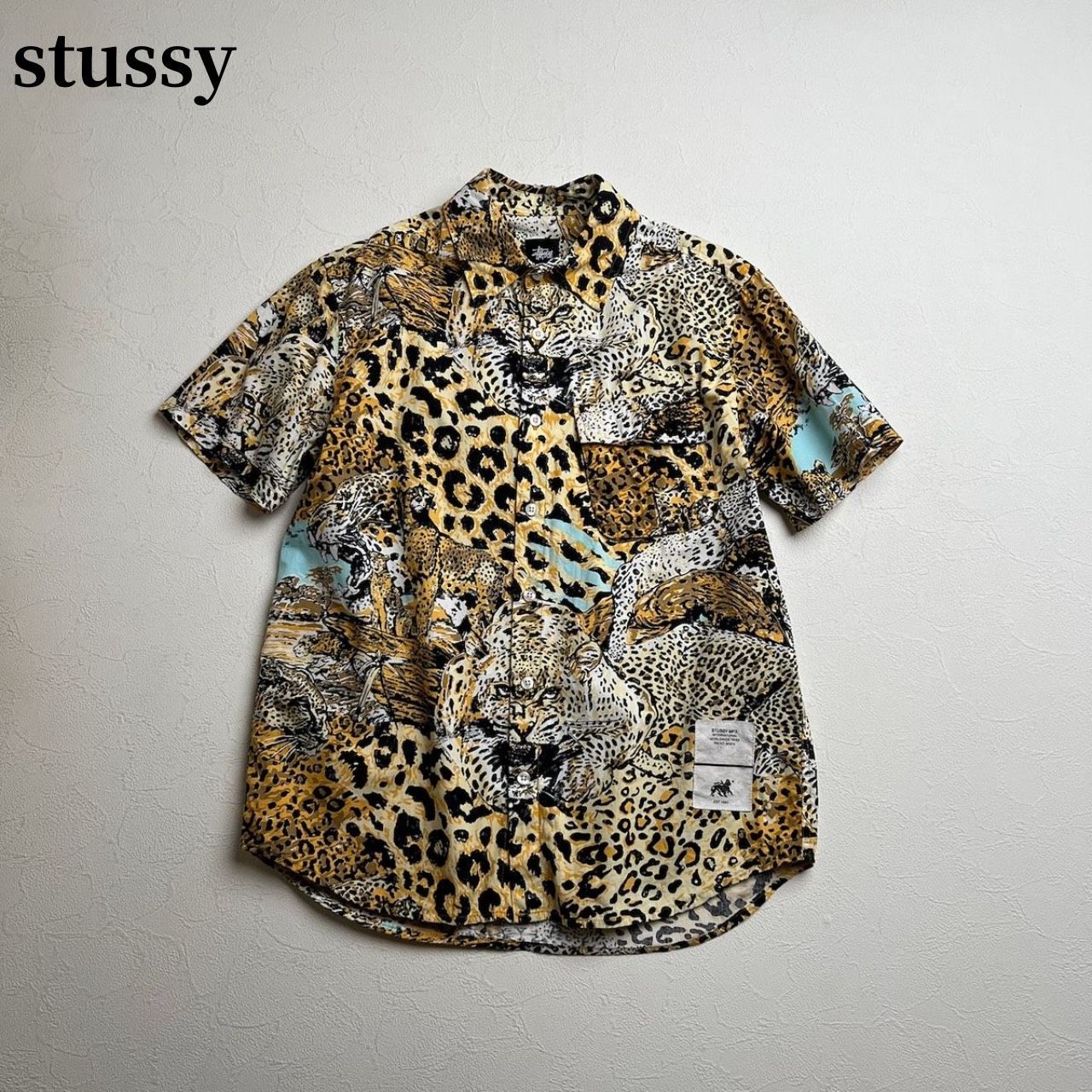 stussy　総柄　アニマル　チーター　半袖シャツ　ステューシー　イエロー　ブラック　S 古着