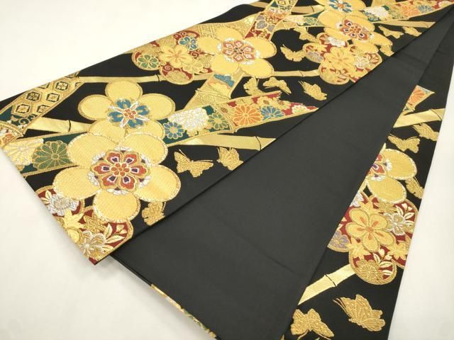 平和屋着物○六通柄袋帯 花蝶文 黒地 金糸 三越扱い 正絹 逸品