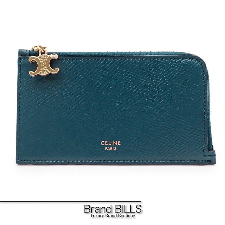 未使用品 CELINE セリーヌ ジップ付きロングカードホルダー フラグメントケース カーフスキン ティールブルー レディース