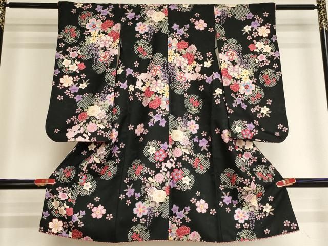 平和屋着物[]七五三　女の子　３歳　祝着　三つ身　舞花文　黒地　AABI2754ja