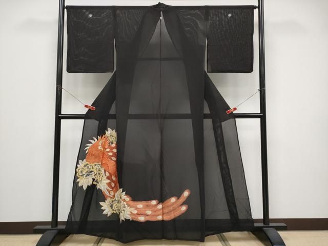 平和屋着物＊夏物　黒留袖　絽　総刺繍　尾長鳥　金銀糸　正絹　逸品　CABG3329tx