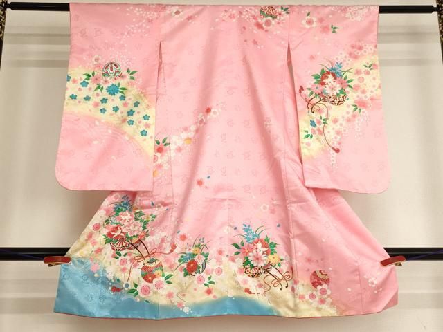 平和屋着物[]七五三　女の子　３歳　祝着　三つ身　花車文　暈し染め　金彩　AABI2745ja