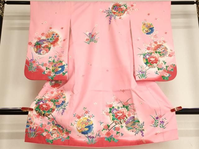 平和屋着物[]七五三　女の子　３歳　祝着　三つ身　雪輪花車文　暈し染め　金彩　AABI2746ja
