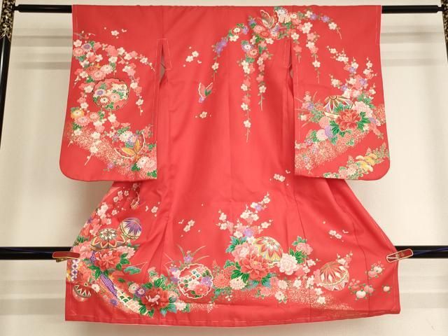 平和屋着物[]七五三　女の子　３歳　祝着　三つ身　手毬花蝶文　金彩　未使用　AABI2747ja