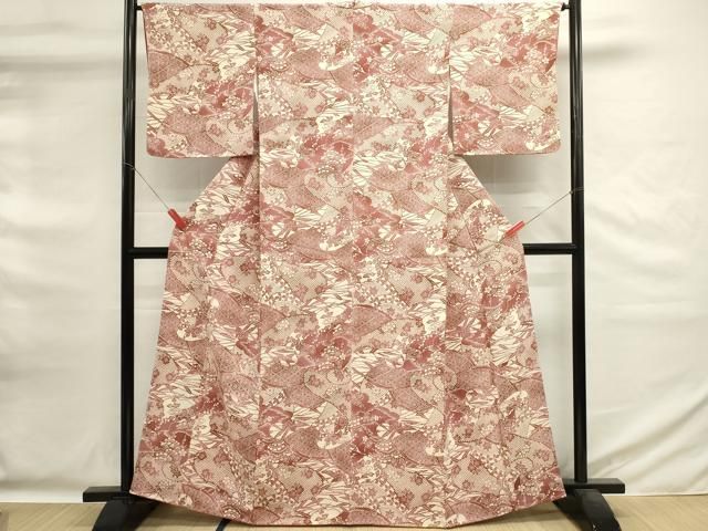 平和屋着物□上質な小紋 型染め 吉祥花蝶文 鬼しぼ縮緬 正絹 逸品 未