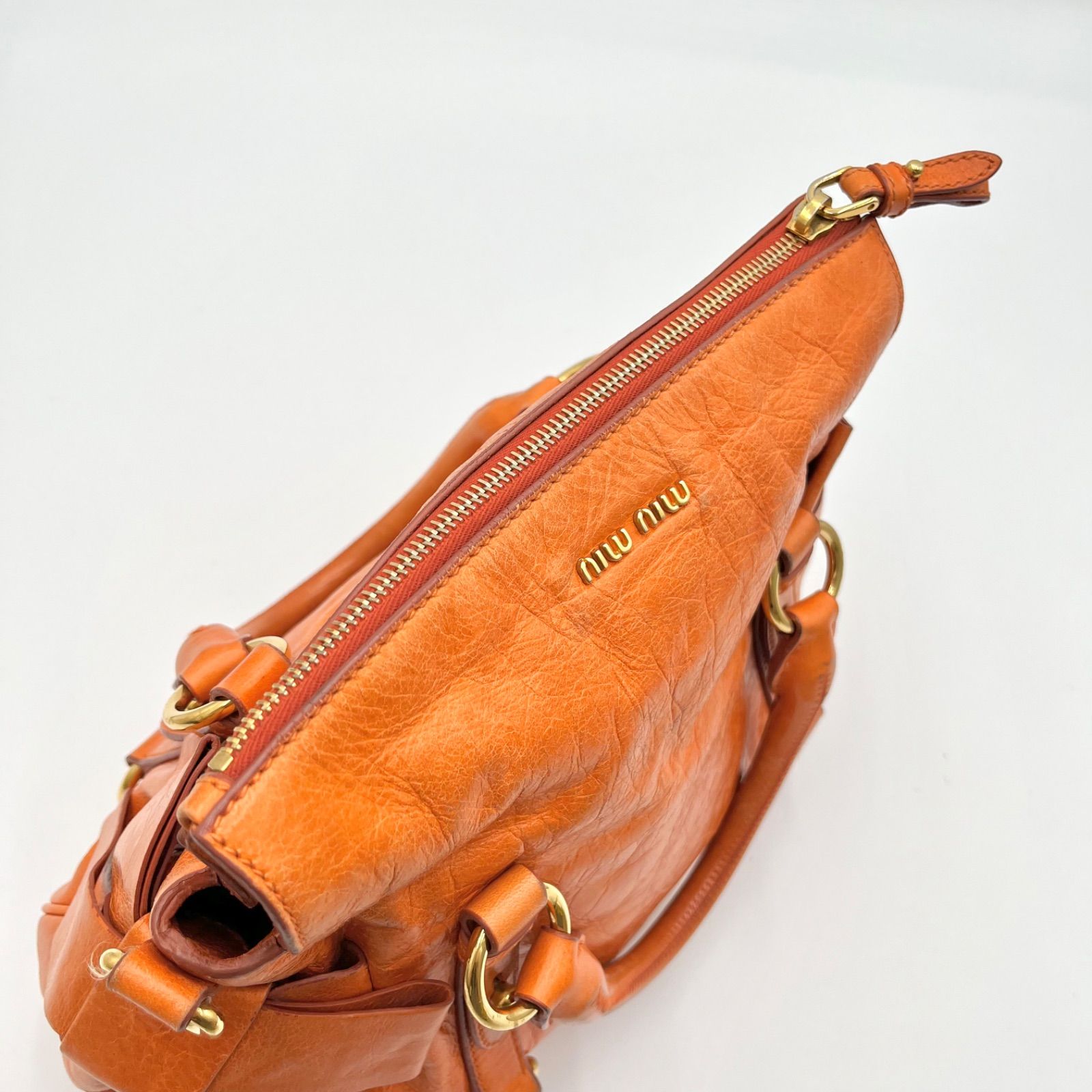 Auth Miu Miu Y2K Vitello Shine Side Ribbon 2Way Leather Shoulder