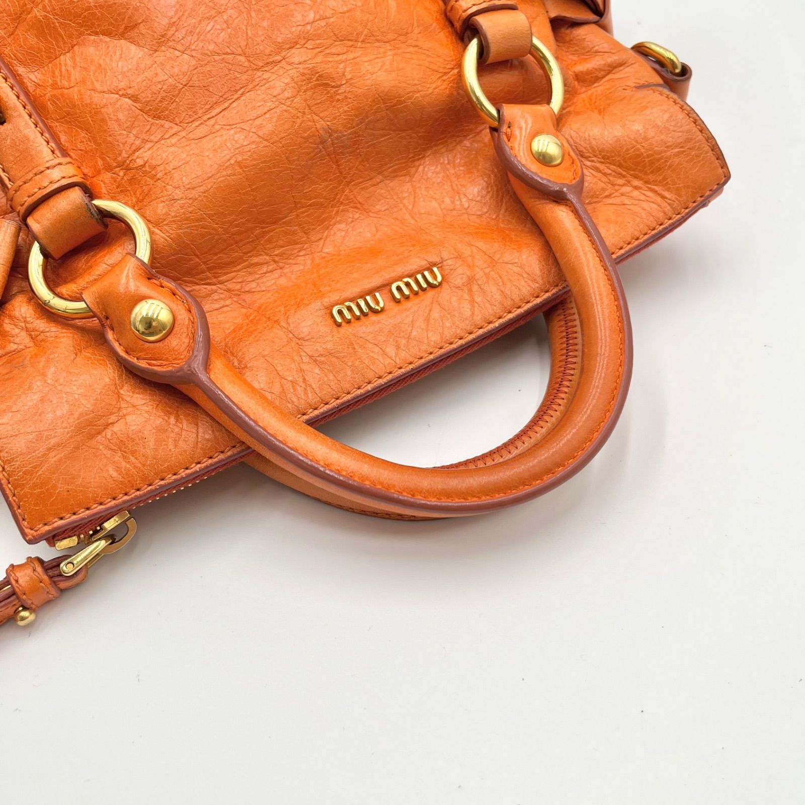 Auth Miu Miu Y2K Vitello Shine Side Ribbon 2Way Leather Shoulder