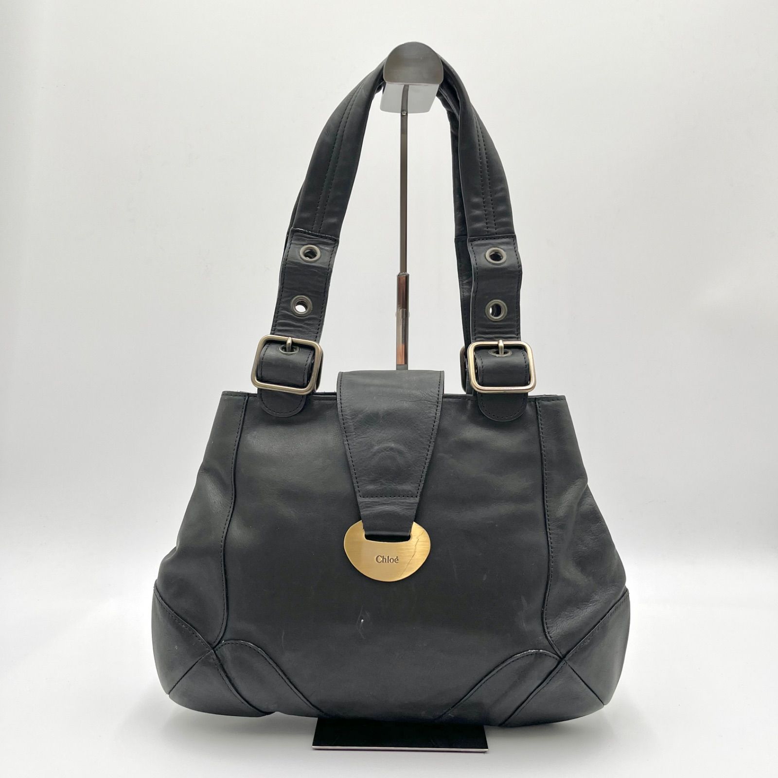 Auth Chloé Y2K Gold Hardware Leather Shoulder Bag Tote Bag Black