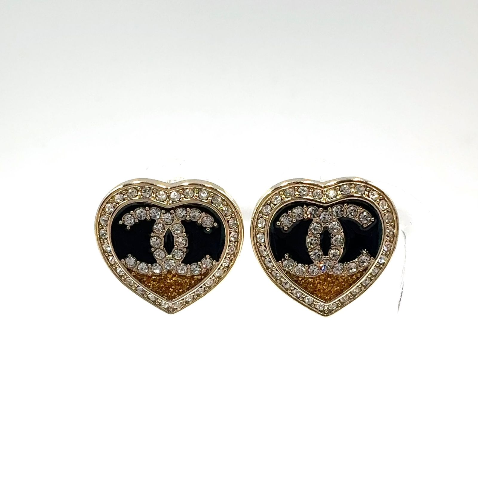CHANEL ハート ココマーク ピアス ブラック ゴールド ラインストーン CHANEL ココマーク ラインストーン ハート GP、カラーストーン、レジン