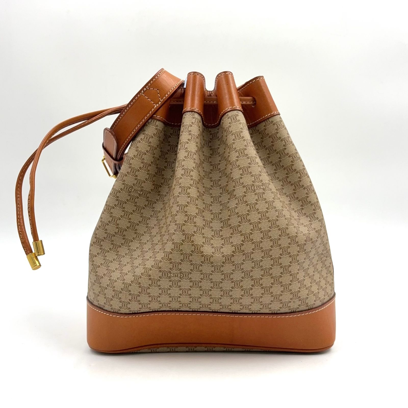 新着】CELINE マカダム柄 巾着 レザー、PVC ベージュ、ライトブラウン