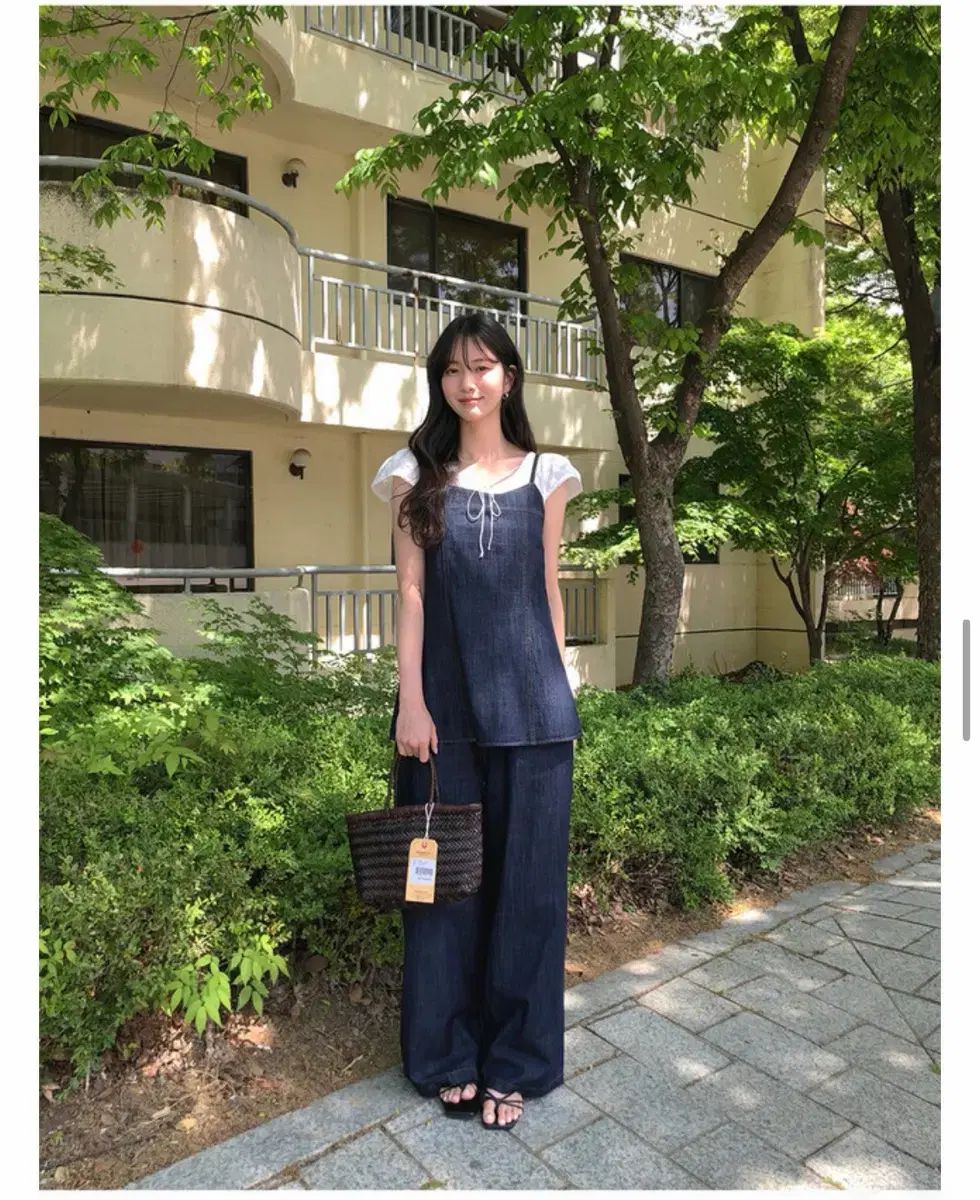 ODDINARYメント 生デニム ビスチェ ワイドパンツ+ブラウス セット