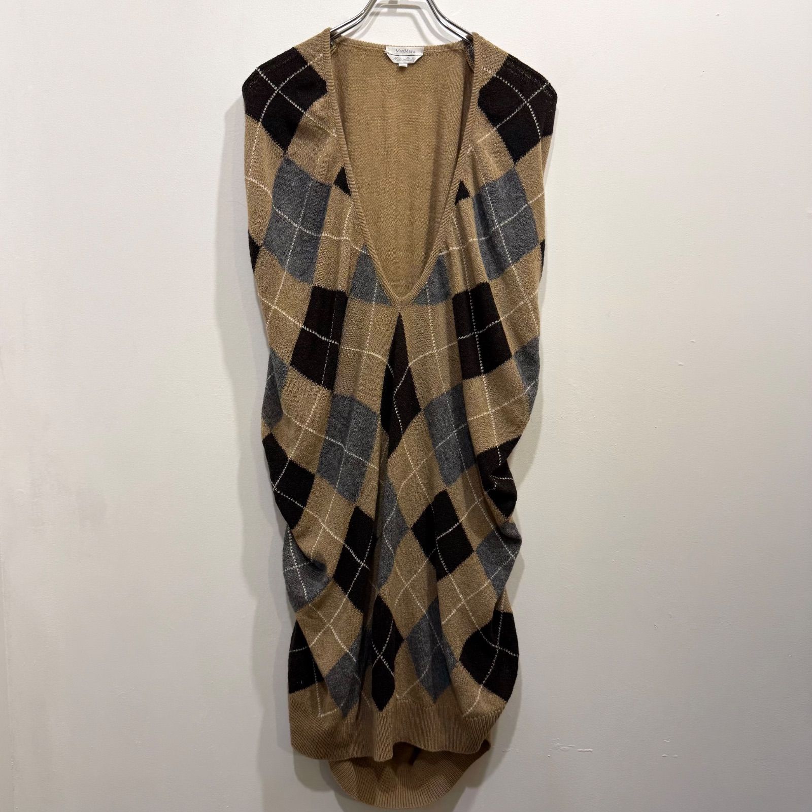カシミヤ・アンゴラ混 Max Mara ニットワンピース 深Vネック プルオーバー アーガイル ギャザーデザイン ノースリーブ ベージュ イタリア製 M【送料込み】