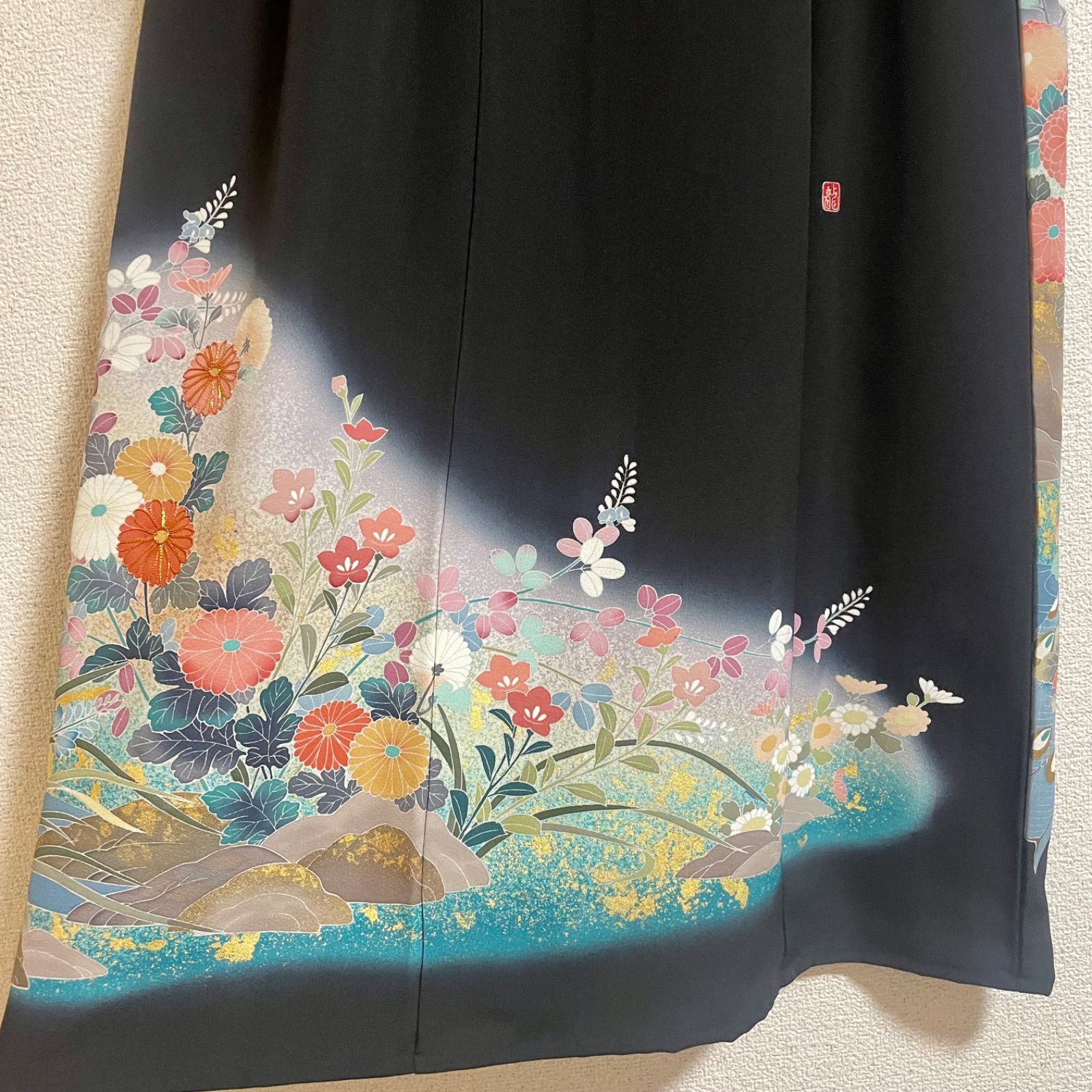 一点物 着物リメイク ロングワンピース ドレス 黒留袖 正絹 作家物