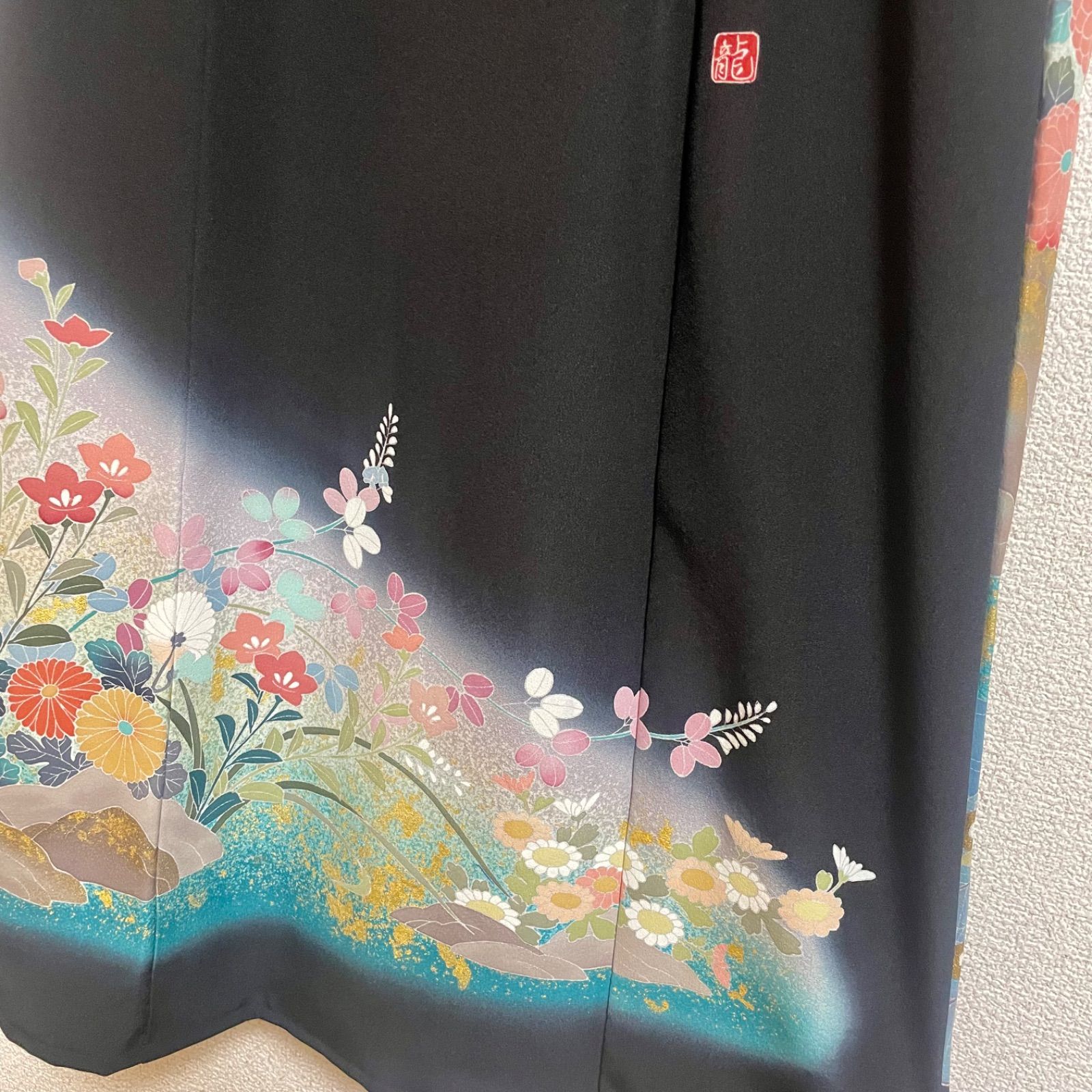 一点物 着物リメイク ロングワンピース ドレス 黒留袖 正絹 作家物
