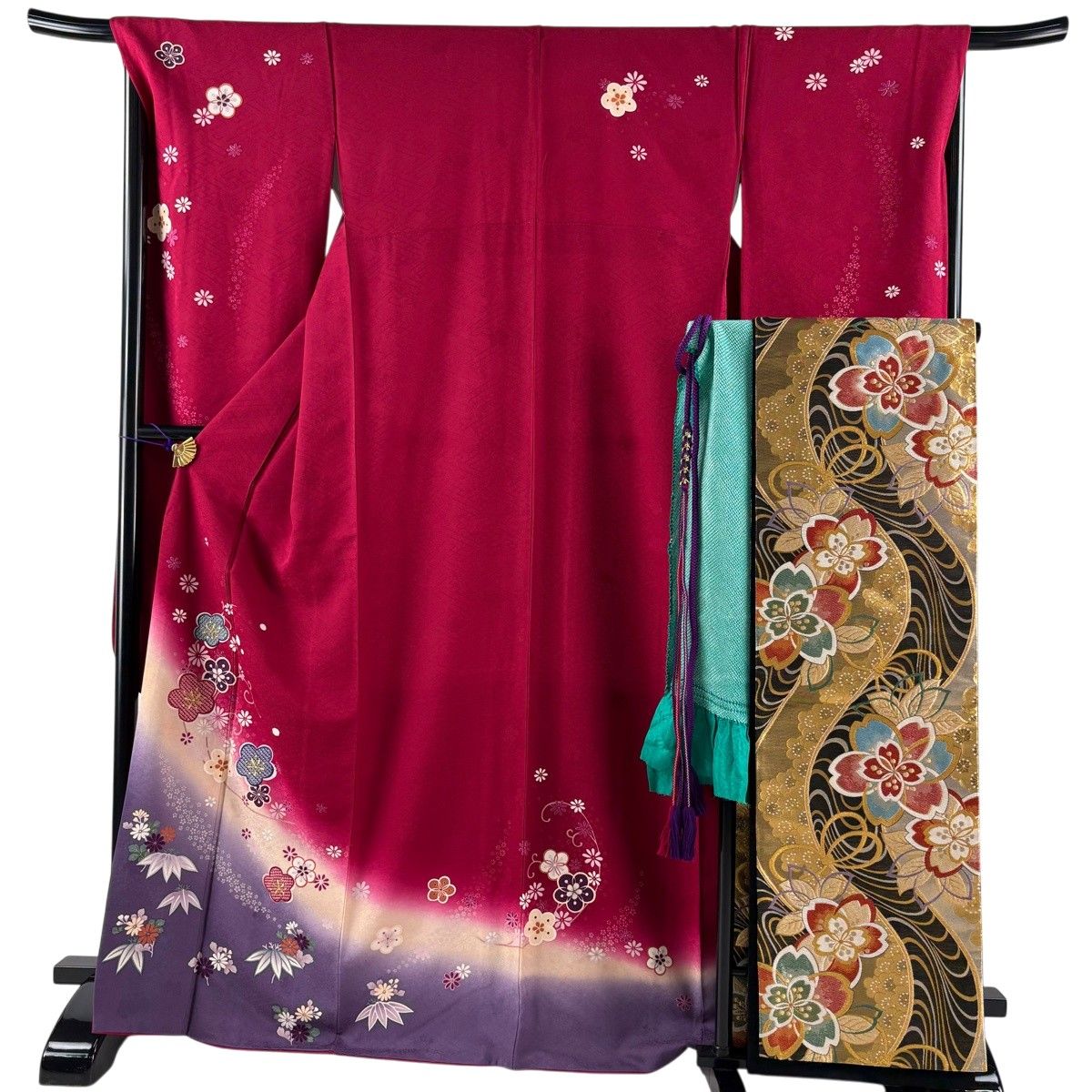 振袖 身丈170cm 裄丈67.5cm L 袷 袋帯フルセット 梅唐草 菊 金糸 金彩 