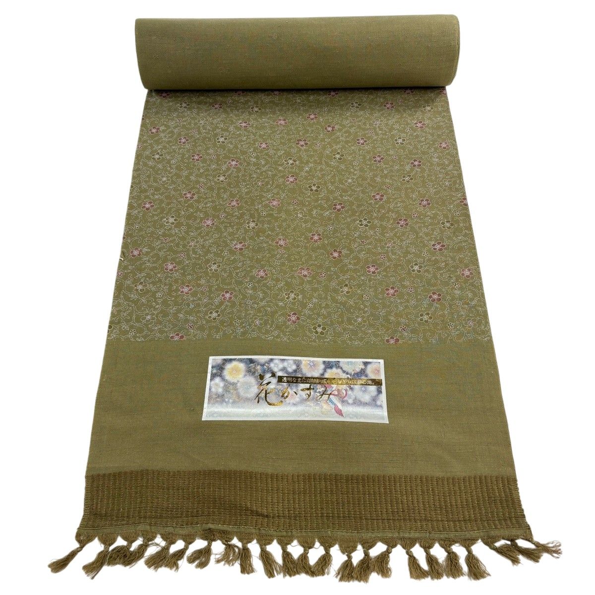 反物 秀品 小紋 紬地 花唐草 茶緑色 正絹 【中古】