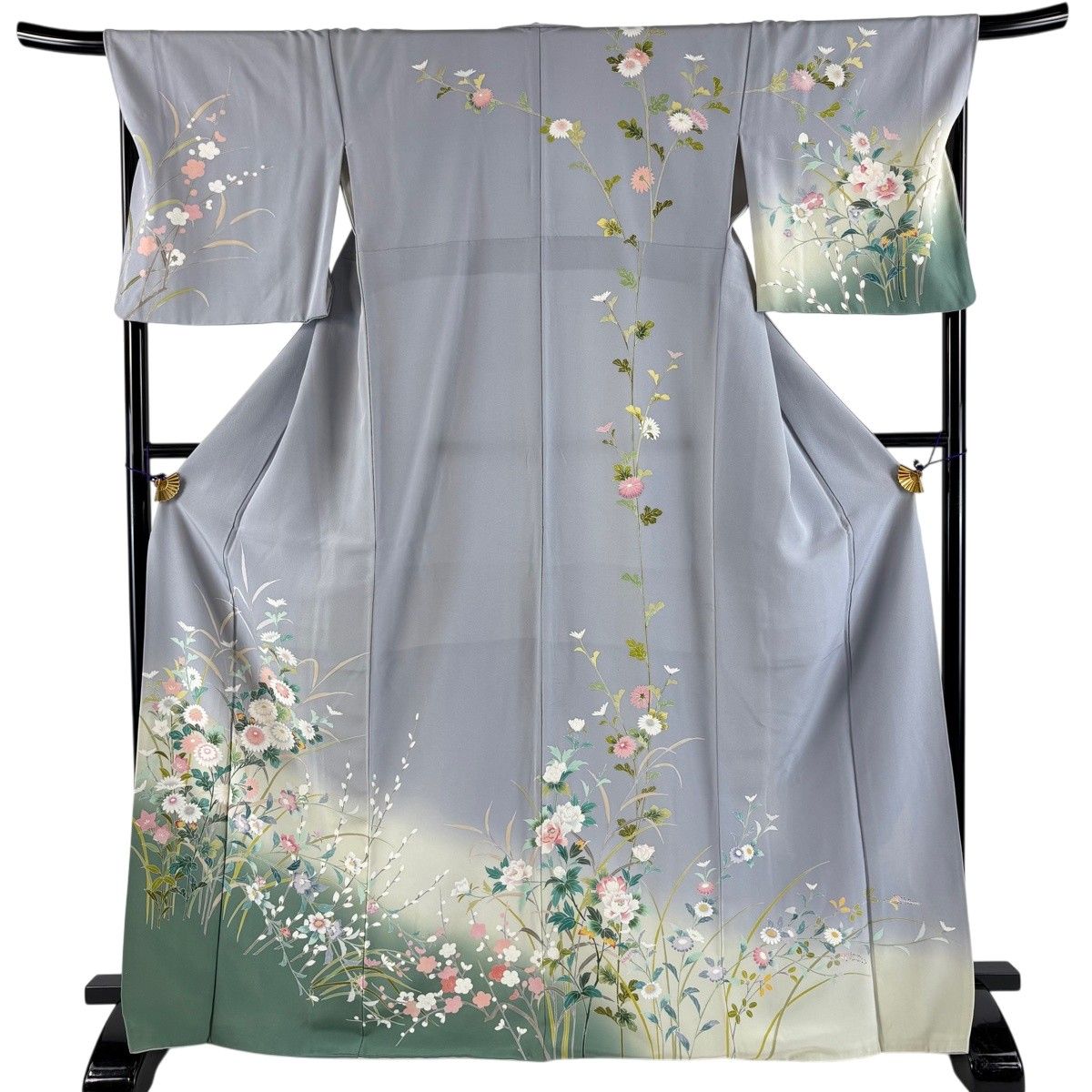 H*h様 ■E3919■美品■正絹■猫柳柄　紬　一つ紋　袷　訪問着■丈168　裄 訪問着 身丈168.5cm 裄丈68.5cm L 袷 秋草 猫柳 ぼかし 青灰色 正絹 秀