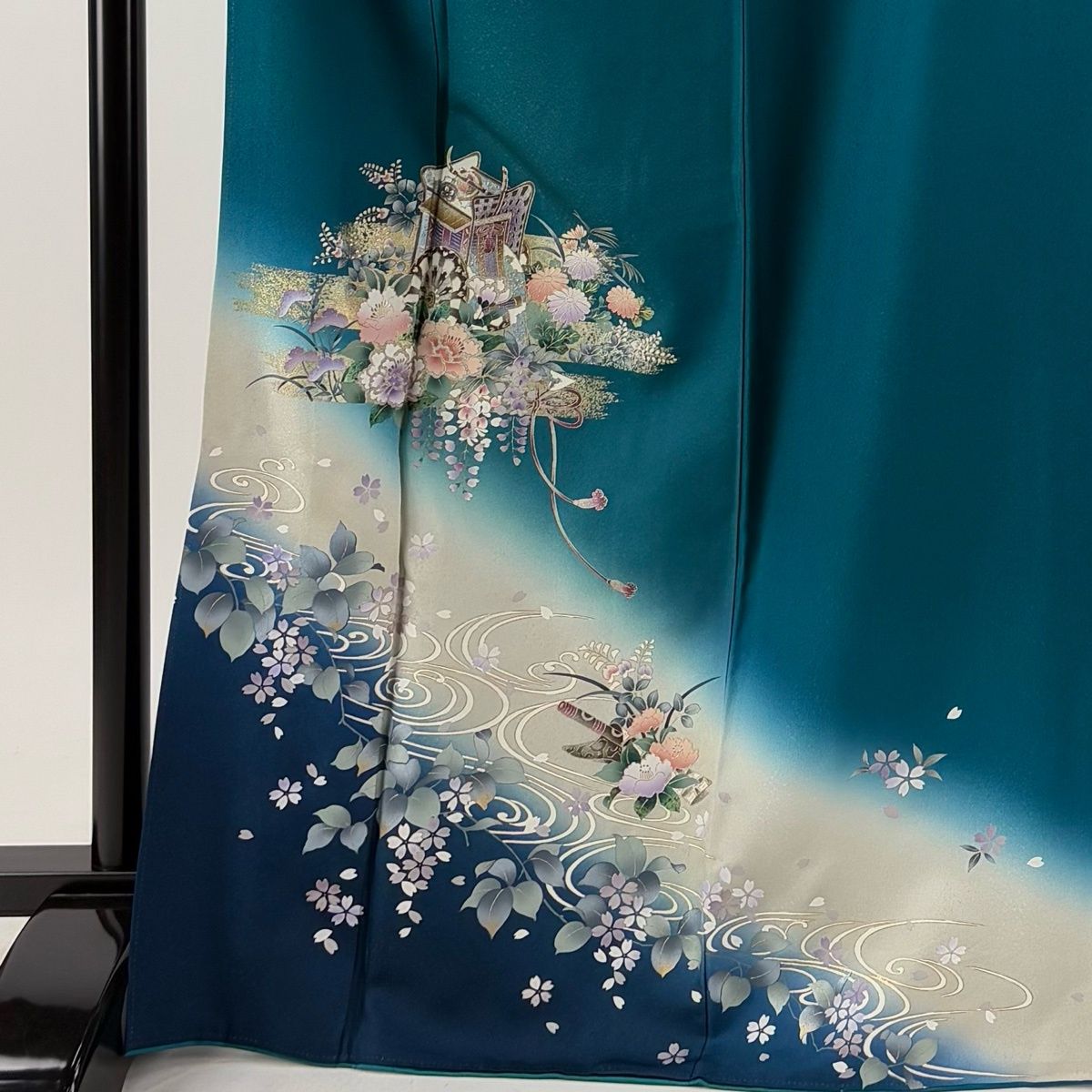 訪問着 身丈169.5cm 裄丈67.5cm L 袷 御所車 牡丹 金銀彩 ぼかし 青緑 
