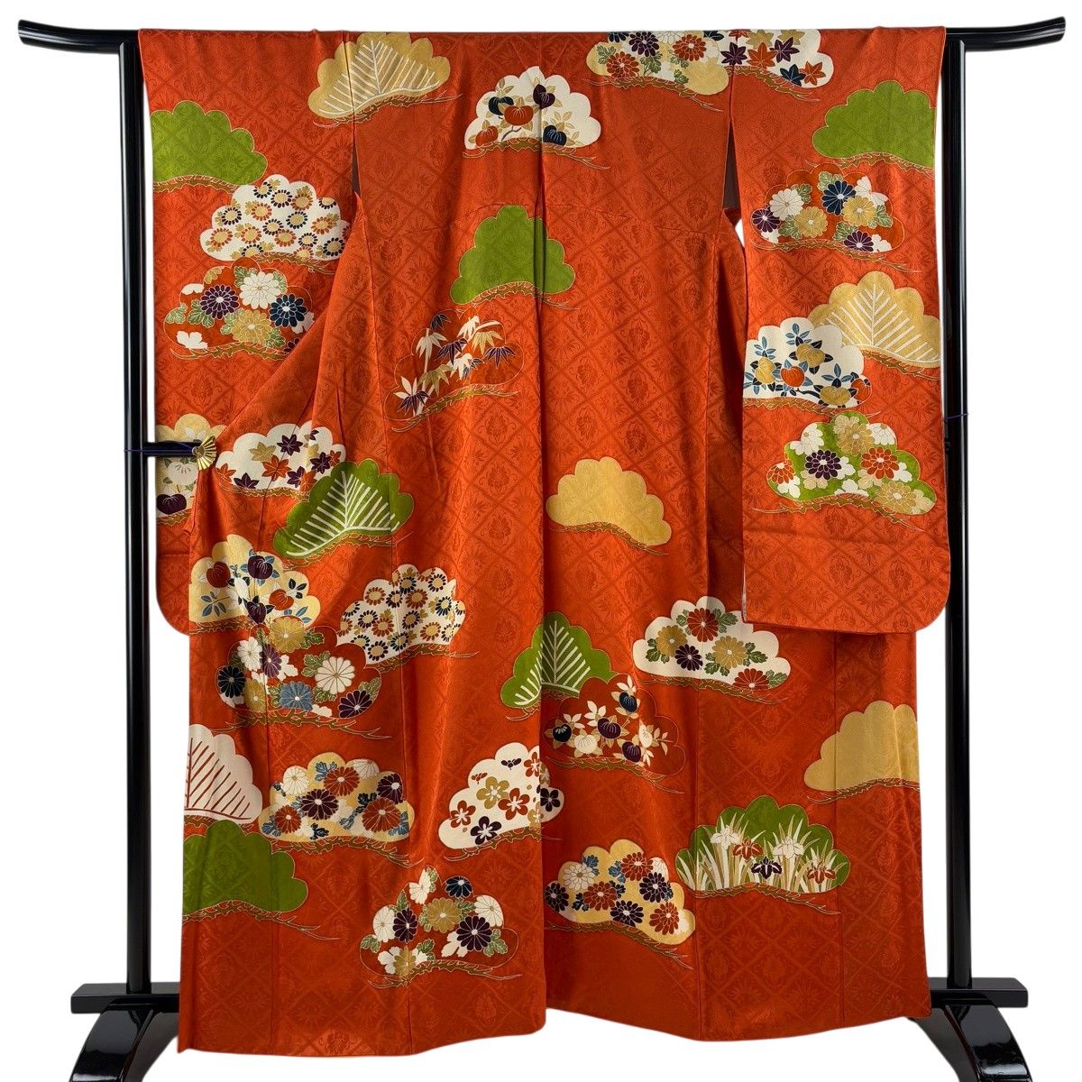 振袖 身丈163.5cm 裄丈64cm M 袷 笠松 菊 金糸 金彩 朱色 正絹 秀品