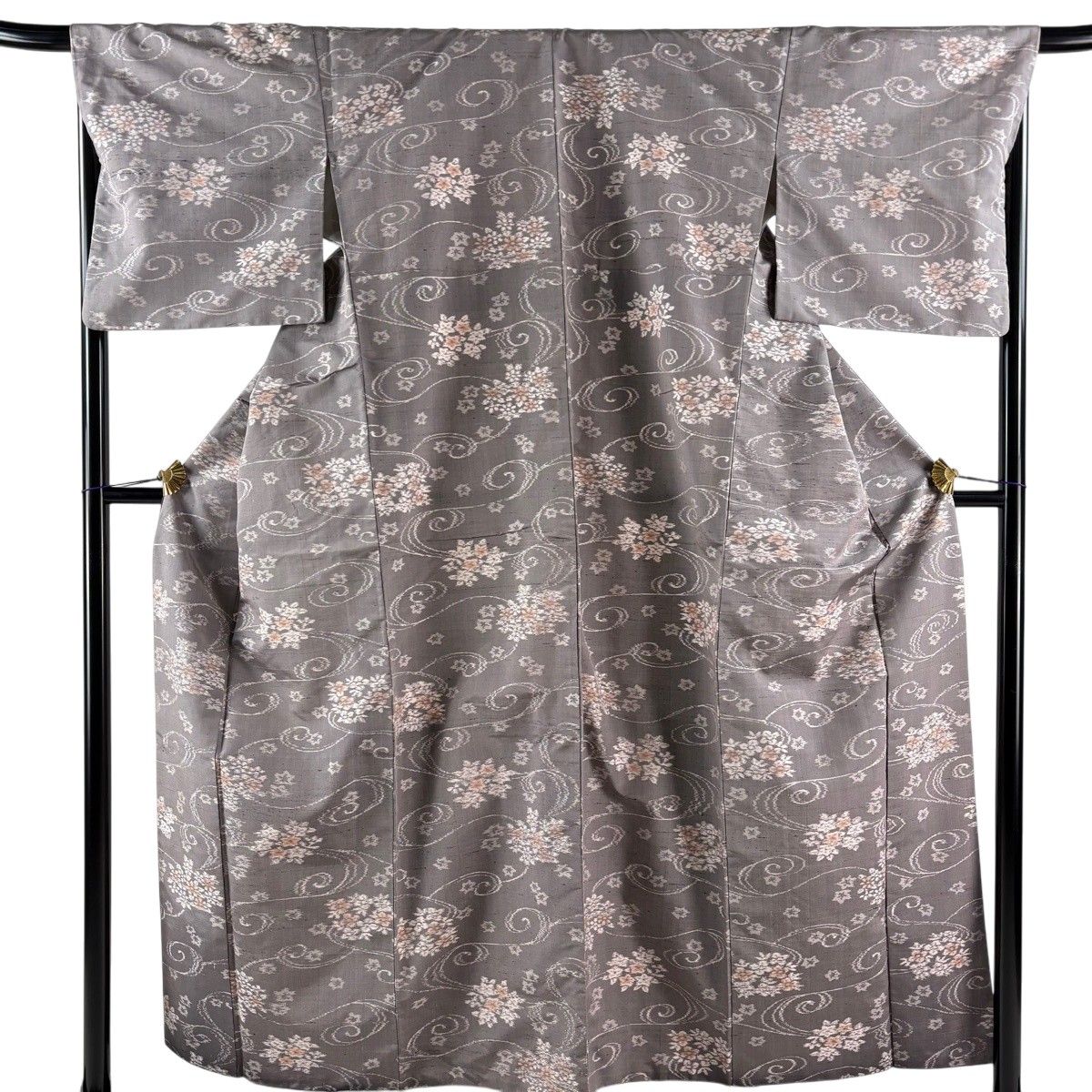 美品】 紬 身丈157cm 裄丈68.5cm L 袷 アンサンブル 草花 唐草 灰色