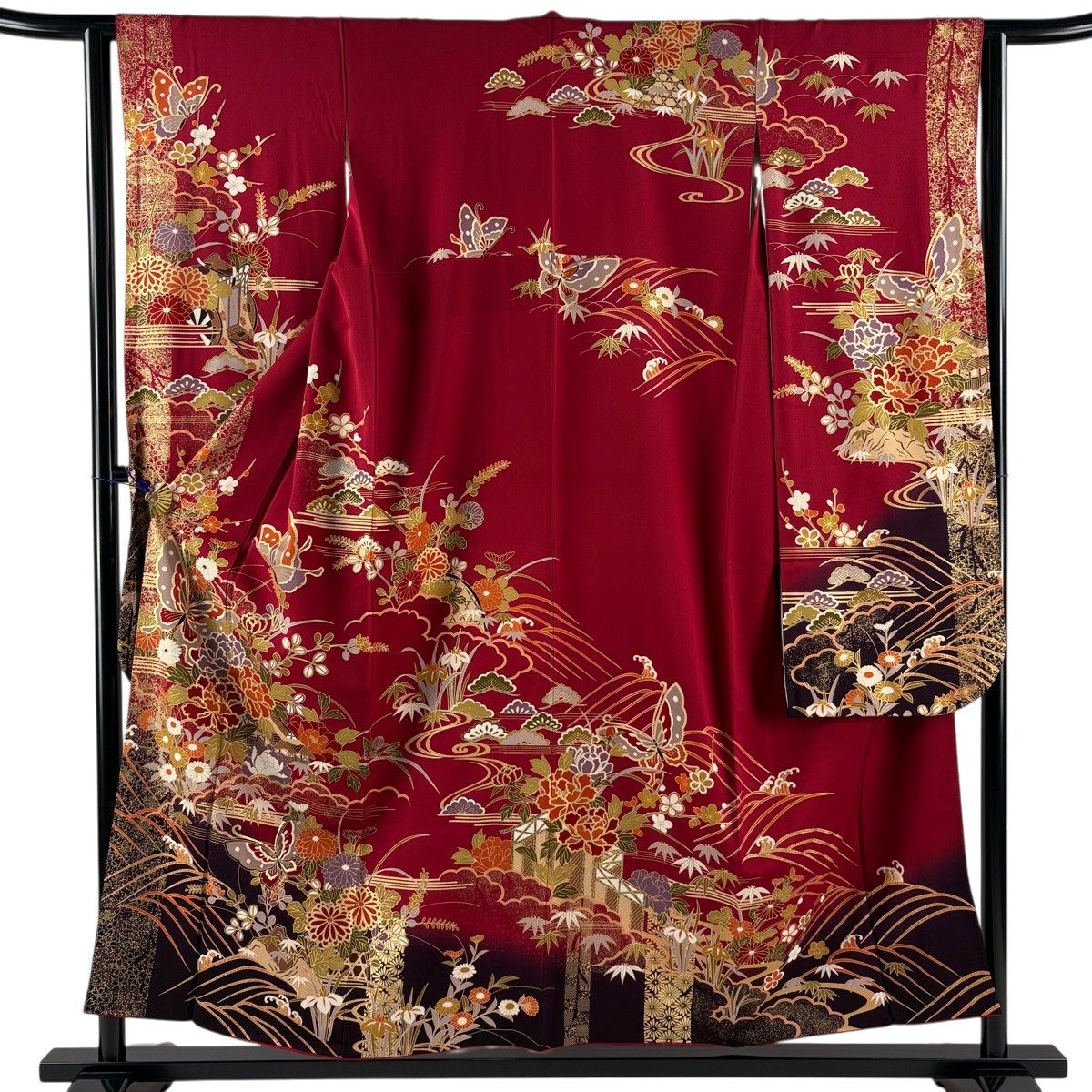 振袖単品　袷 梅 蝶 金糸 絞り 赤 正絹 秀品 美品】 振袖 身丈155cm 裄丈62.5cm S 袷 蝶 牡丹 金彩 ぼかし 赤 正絹