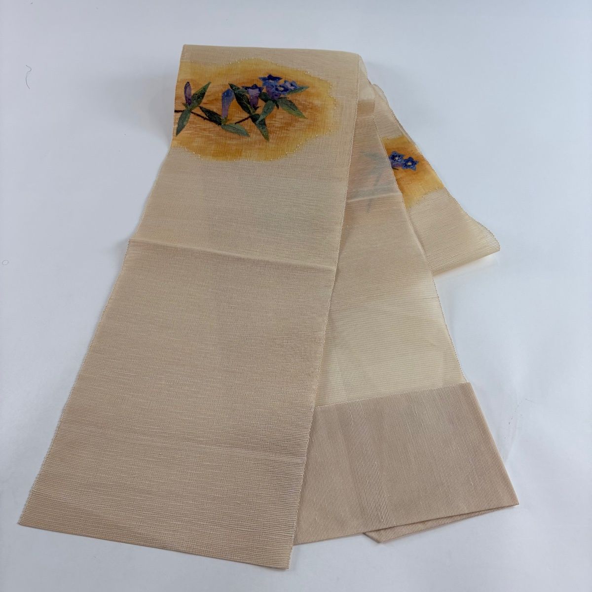 美品】 名古屋帯 秀品 夏帯 八寸名古屋帯 松葉仕立て 草花 金糸 薄茶色
