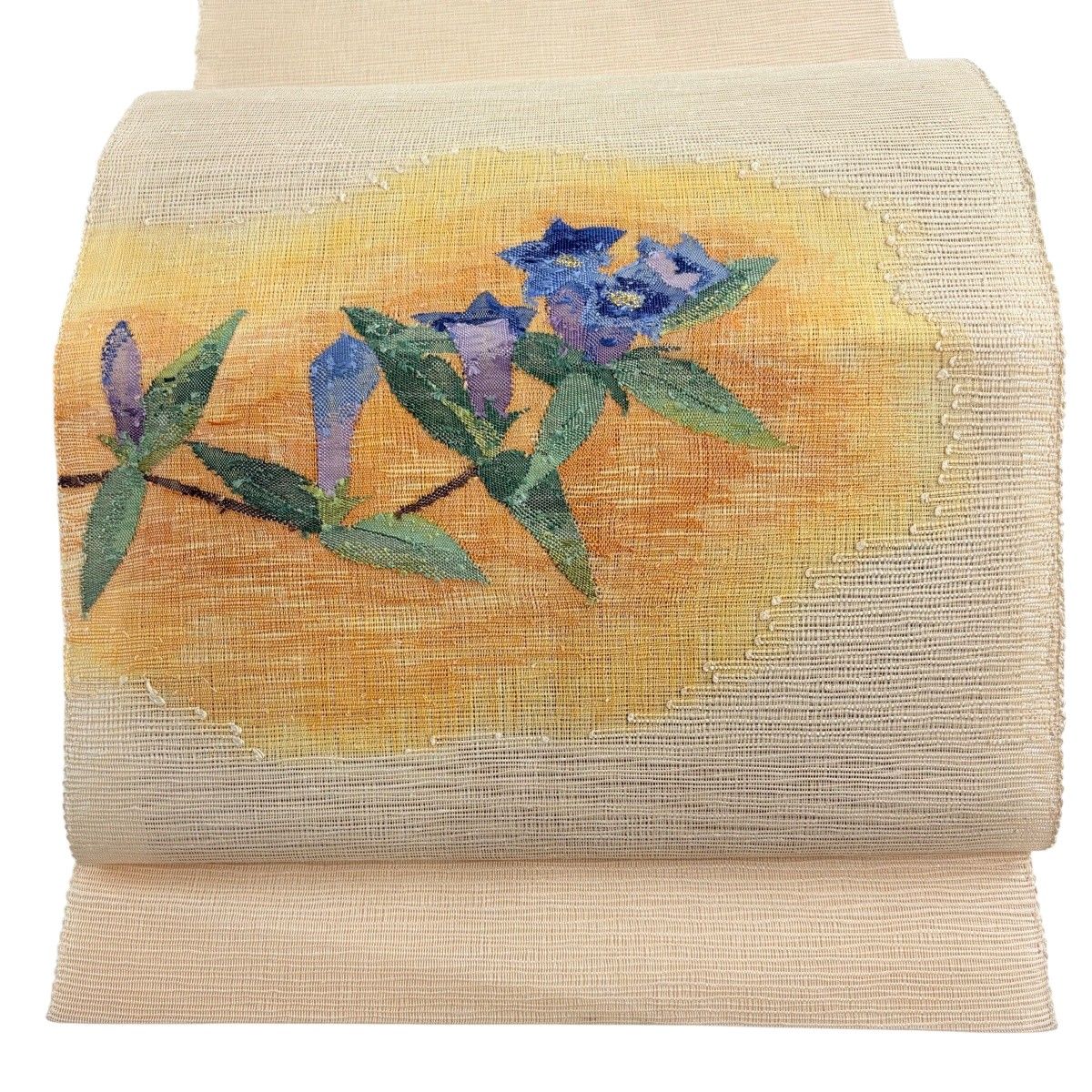 専用帯8439 ●高級 正絹 花織 夏帯 松葉仕立て 名古屋帯 美品】 名古屋帯 秀品 夏帯 八寸名古屋帯 松葉仕立て 草花 金糸 薄茶色