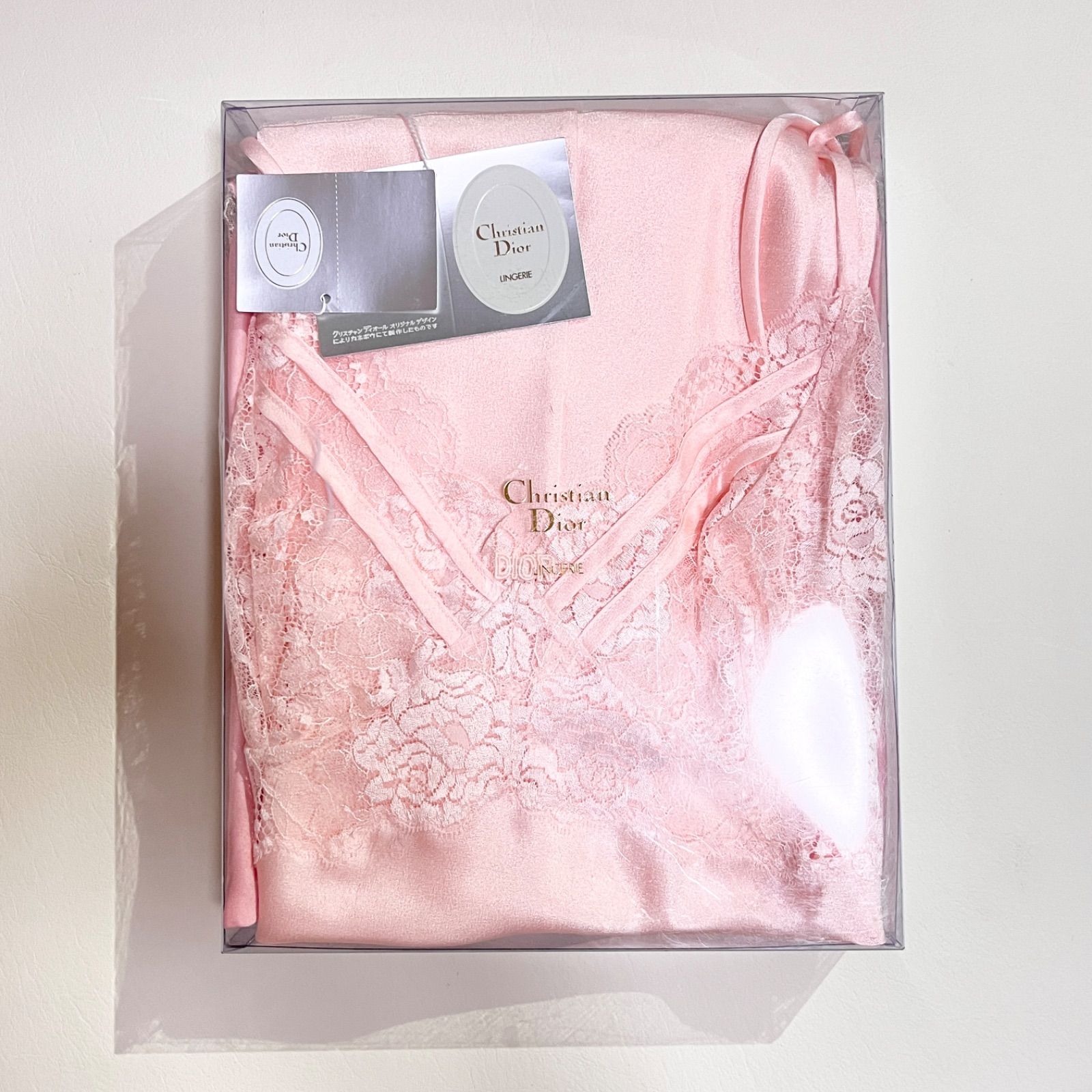 kT01 新品 Christian Dior ランジェリー 下着 肌着 レース キャミソール ショーツ ブラ パンツ セット ロゴ 4点セット ピンク タグ付き クリスチャンディオール DIOR