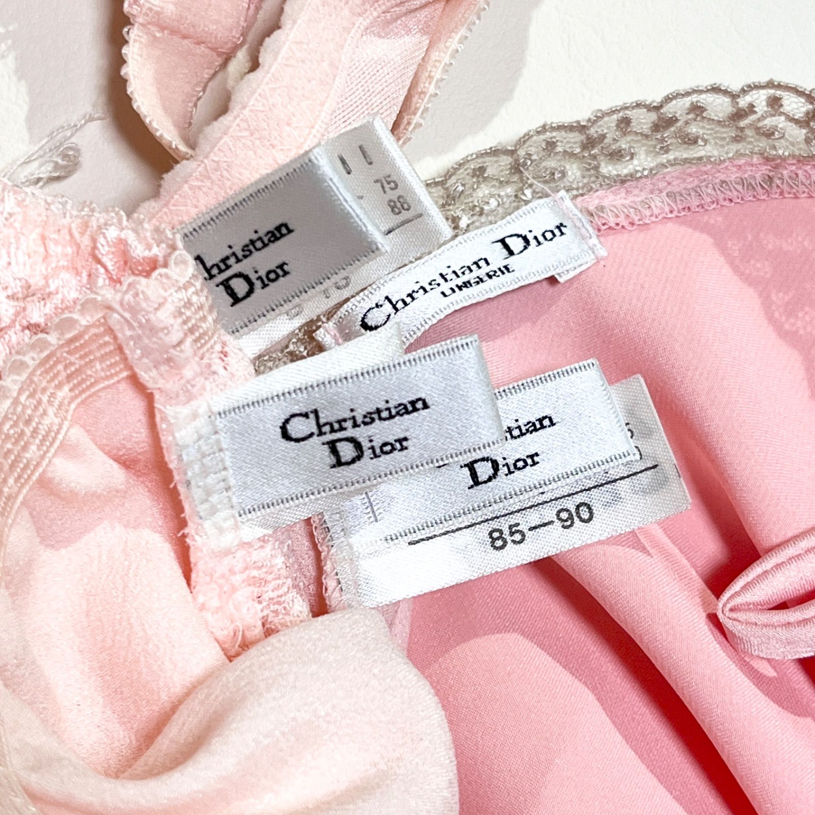 kT01 新品 Christian Dior ランジェリー 下着 肌着 レース キャミソール ショーツ ブラ パンツ セット ロゴ 4点セット ピンク タグ付き クリスチャンディオール DIOR